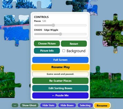 Artisan Jigsaw Lift-Up Controls Artisan Jigsaw lift-up controls showing piece and edge-wiggle settings, Resume Play, saved-game status, Full Screen, Re-Scatter Pieces, Edit Sorting Boxes and Puzzle Me.
